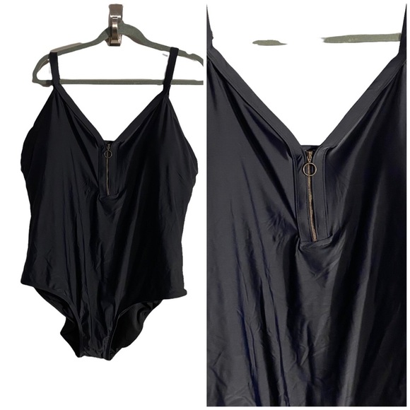 Zipper Front One Piece Swimsuit Black 24W NWT - Picture 1 of 9